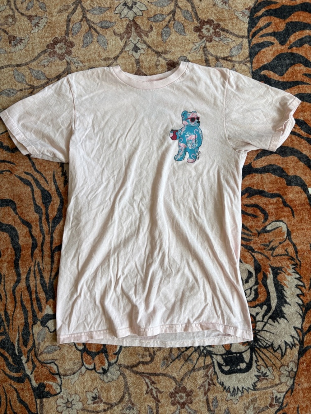 riot society Light Pink Short Sleeve Tee with Blue Tropical Bear Graphic